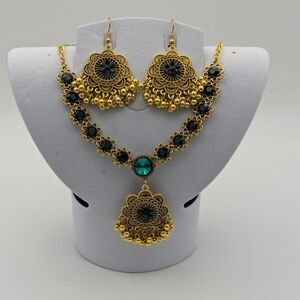 Gold Necklace Drop Earrings Set Green Gemstone Bollywood Wedding Bridal